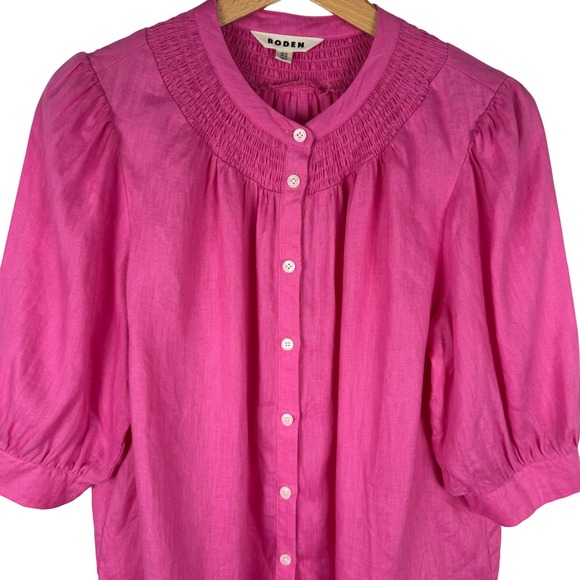 Boden 100% Linen Smocked Button Up Blouse Womens 10 Pink Puff Sleeves - Picture 8 of 10
